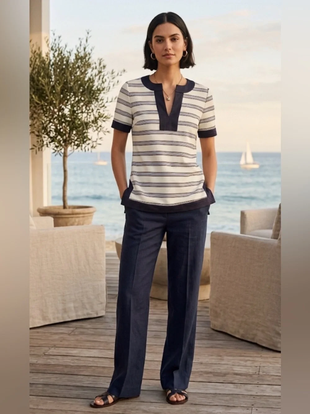 NWOT Tory Burch Zora Tee Stripe Plunge Neckline Cotton Linen Top  Size S